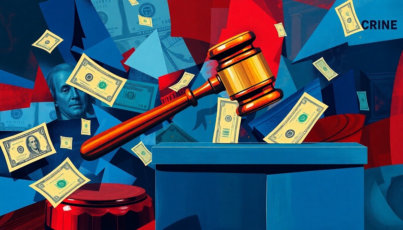 A fractured, abstract painting featuring overlapping geometric shapes and waves of blue, red, and gold, representing the chaotic and pervasive influence of special interest money in the political process.