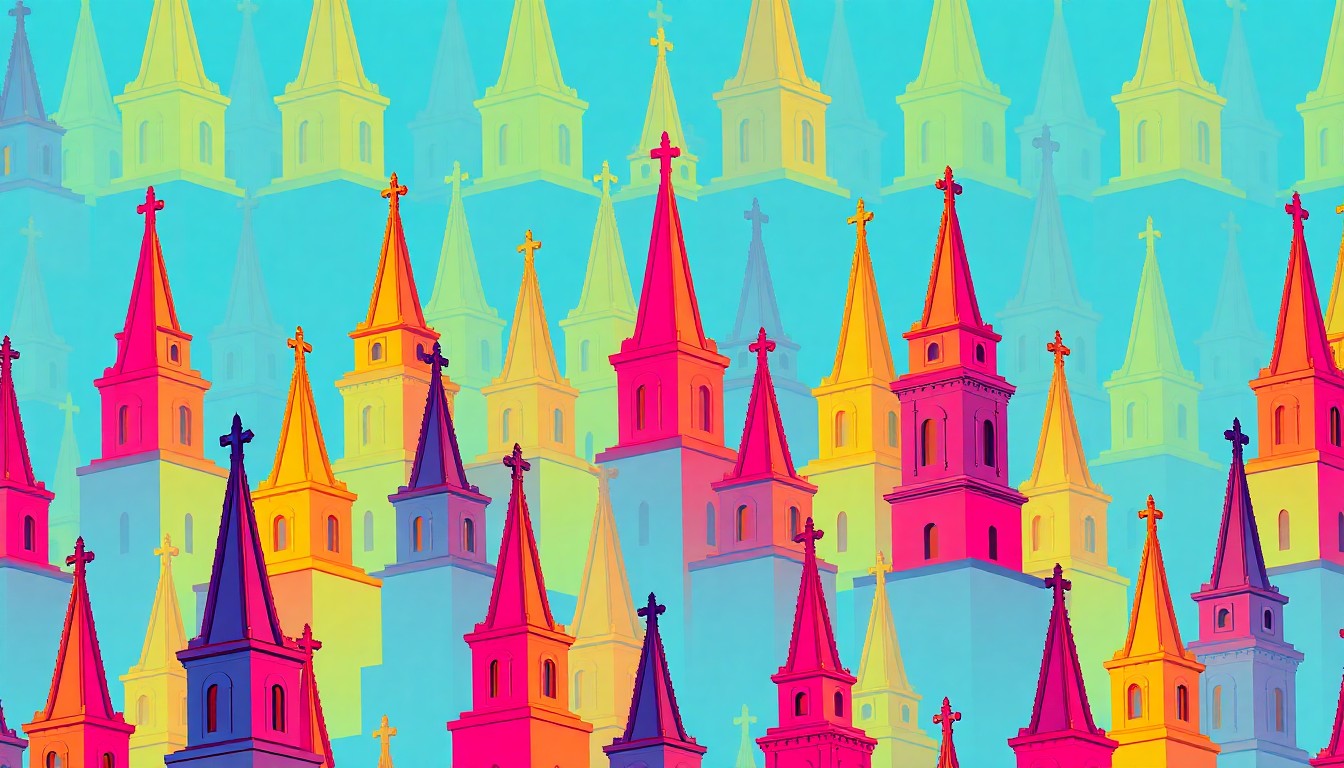 A highly stylized, silkscreen-inspired illustration featuring a church steeple repeated in a grid pattern, rendered in a palette of neon pink, electric blue, and highlighter yellow, conceptually representing the fresh start and modern aesthetic of the new First Baptist Church of Woodlawn building.