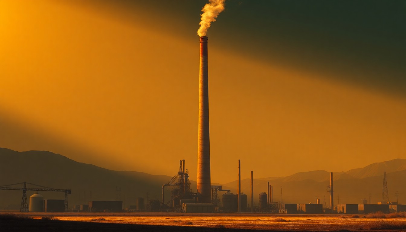 A towering industrial smokestack rising up from a deserted landscape, with warm sunlight and deep shadows creating a cinematic, nostalgic mood.