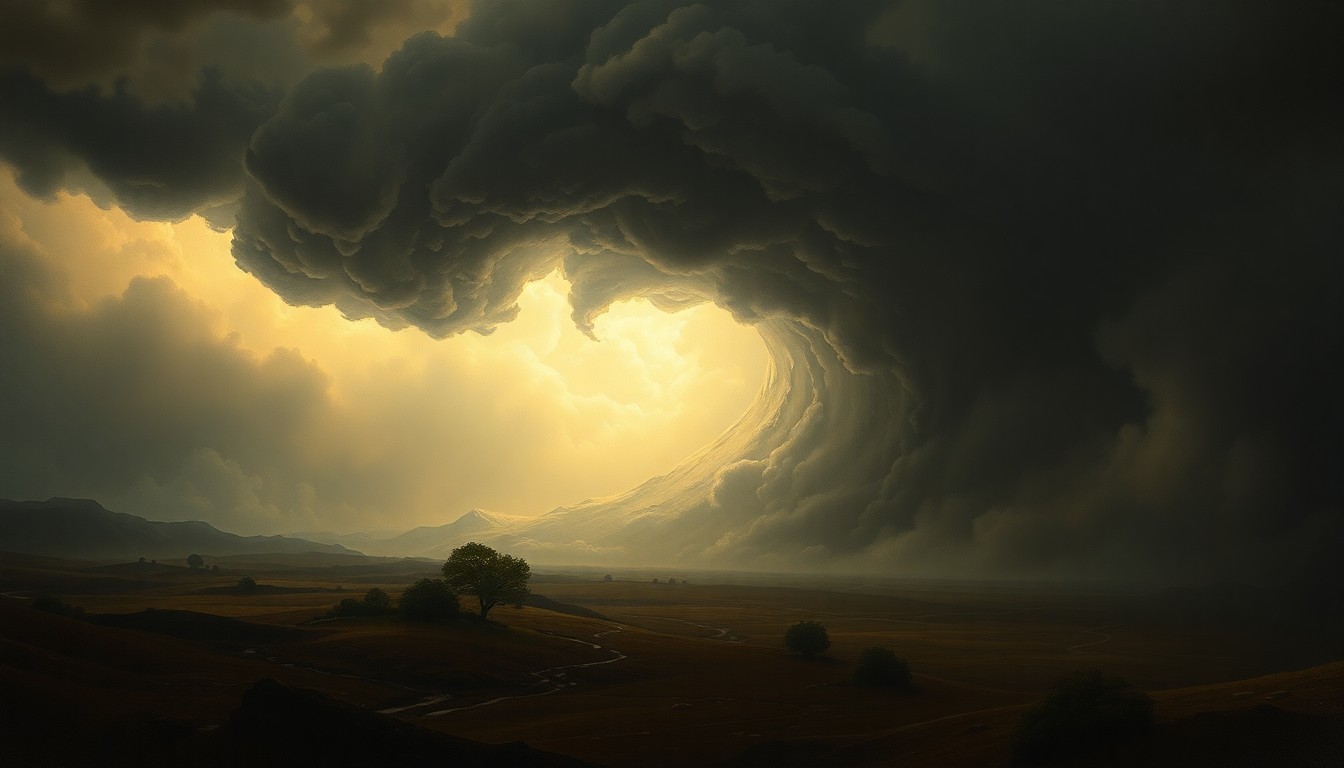 A vast, atmospheric landscape painting depicting an approaching hurricane, with dramatic clouds and lighting dwarfing any physical structures or objects in the scene, conveying the overwhelming scale and power of the natural disaster.