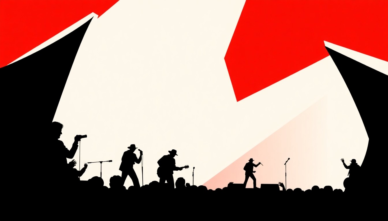 A bold, abstract illustration featuring jagged geometric shapes in striking red and white, conceptually representing the energy and excitement of a country music concert.