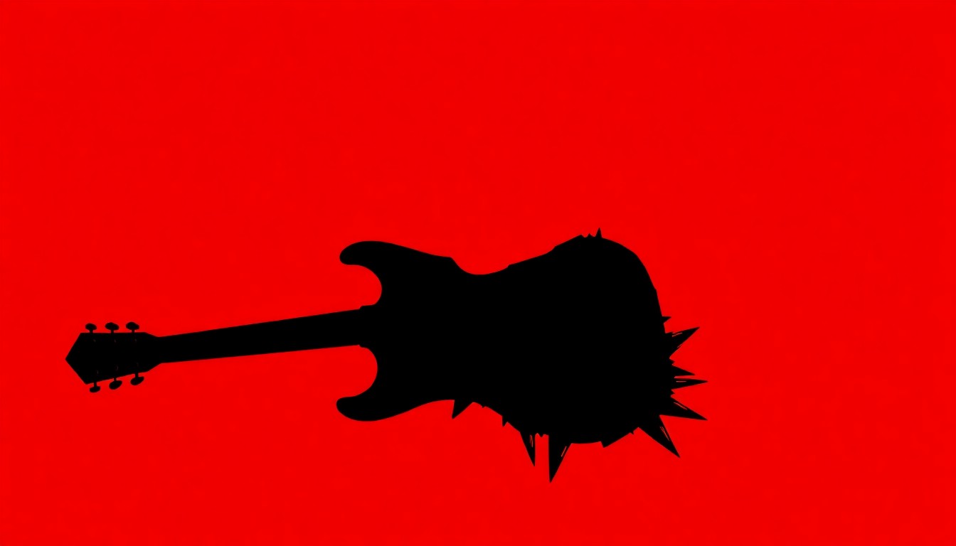 A striking black silhouette of an electric guitar against a vibrant red background, conveying the raw power and energy of rock music.