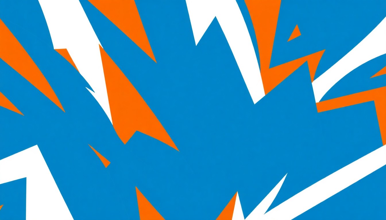 An abstract, minimalist illustration featuring sharp, angular shapes in vibrant shades of blue, orange, and white, conveying the dynamic atmosphere of a music festival.