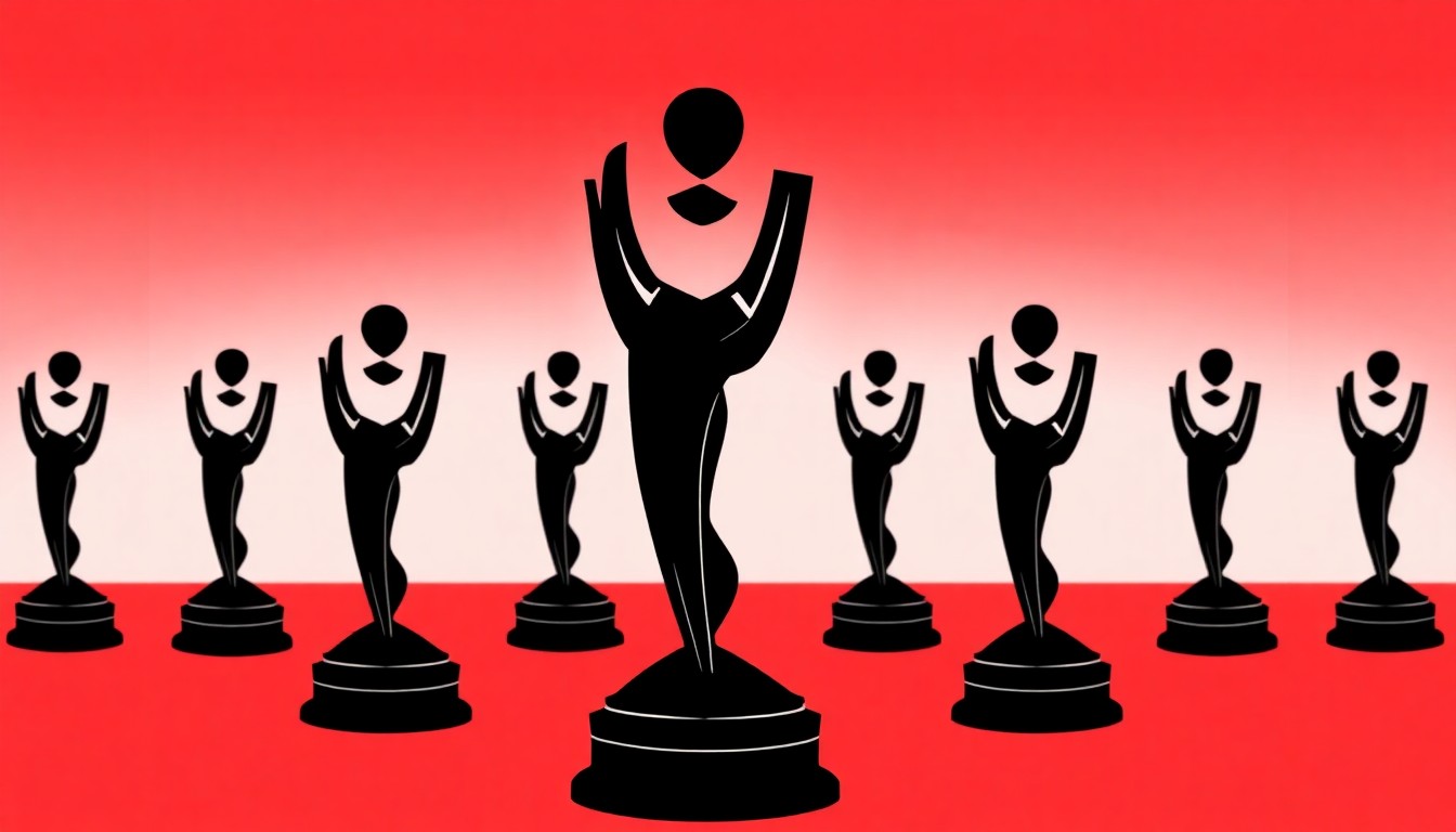 A minimalist, abstract illustration featuring a striking black silhouette of the iconic Tony Awards statuette set against a bold, high-contrast background of solid red and white shapes, conceptually representing the ceremony's efforts to appeal to a wider audience.
