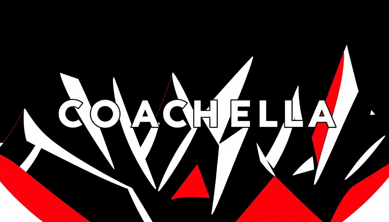 An abstract, minimalist illustration featuring sharp, angular shapes in black, white, and red, capturing the dynamic spirit of the Coachella music festival.