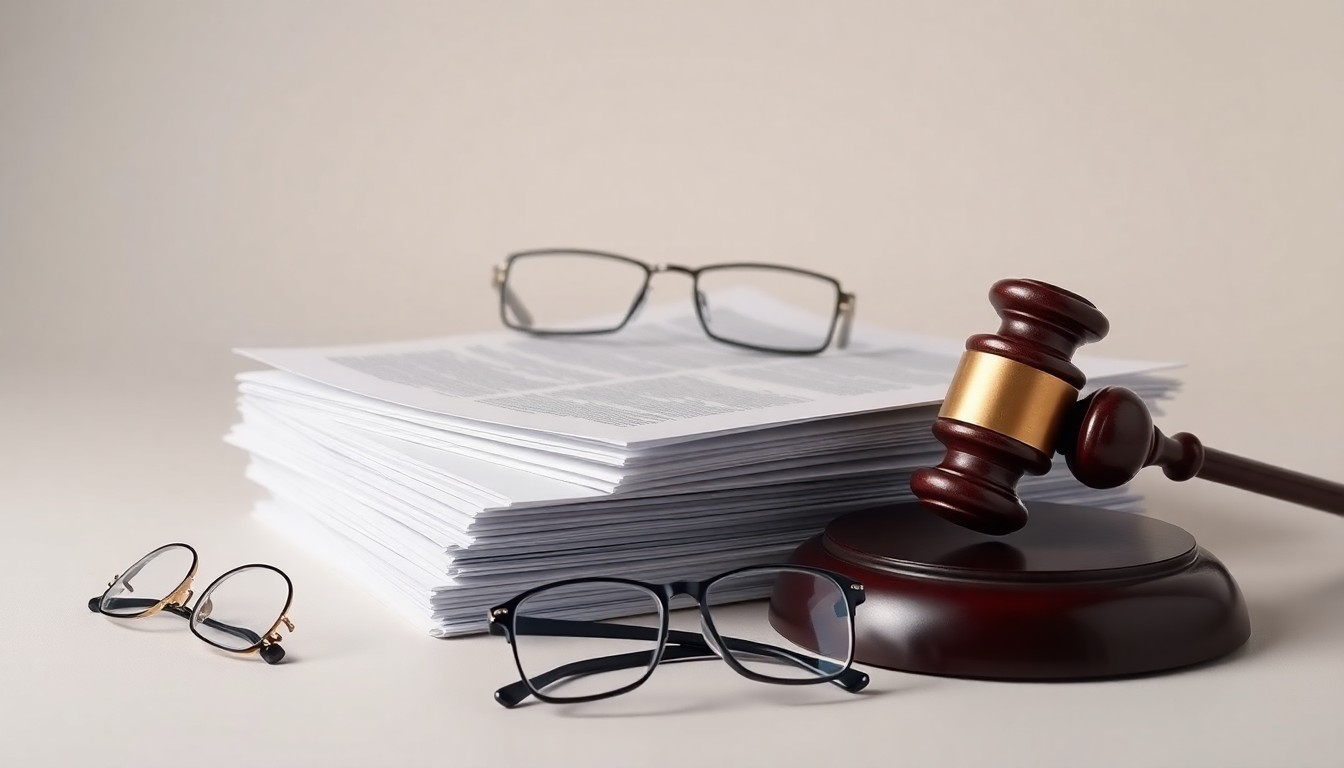 A minimalist studio still life photograph featuring a stack of legal documents, a gavel, and a pair of reading glasses arranged on a clean, monochromatic background, conceptually representing the abstract corporate strategy and legal issues at the heart of this securities class action lawsuit.