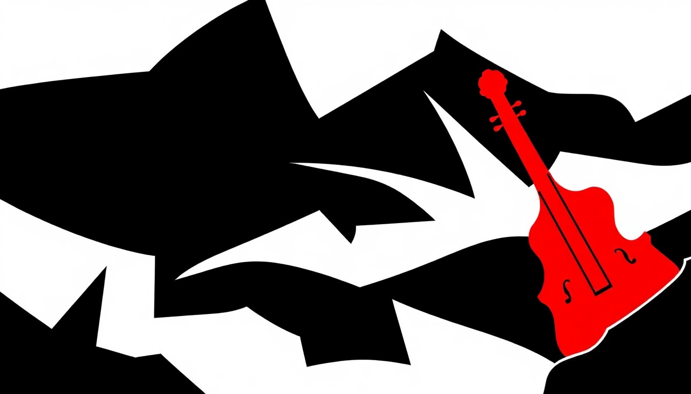 An abstract, minimalist illustration featuring sharp, angular shapes in black, white, and red, conceptually representing the classical music recital performance.