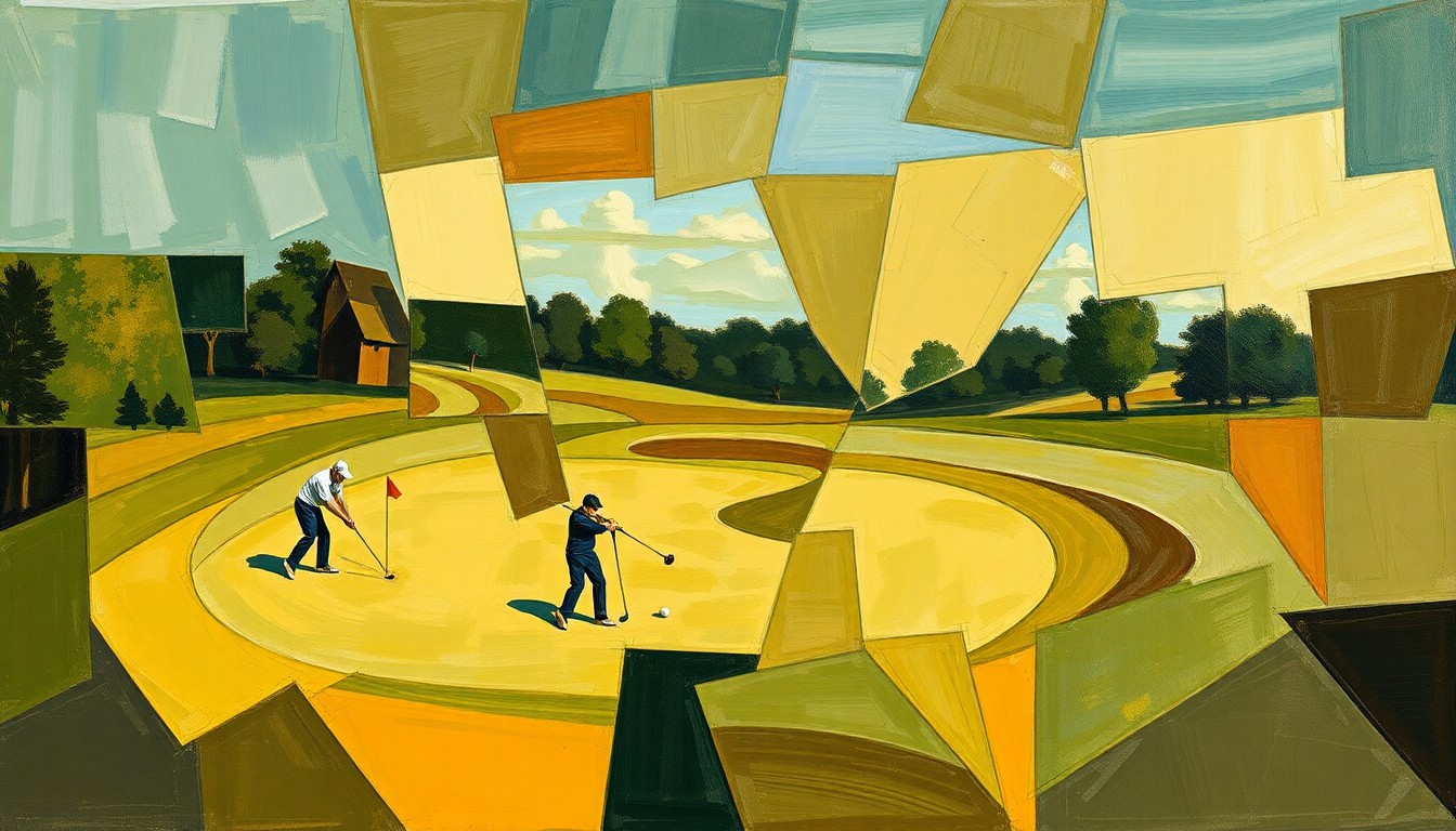 A cubist, multi-perspective painting depicting a high school golf competition, with sharp, overlapping geometric shapes in earthy tones representing the dynamic action of the sport.