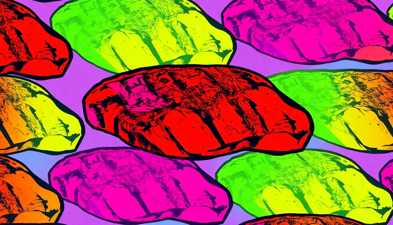 A vibrant, silkscreen-style illustration of a juicy steak repeated in a grid pattern, using bold neon colors and heavy black outlines to capture the energy and excitement of the RARE Steak Championship event.