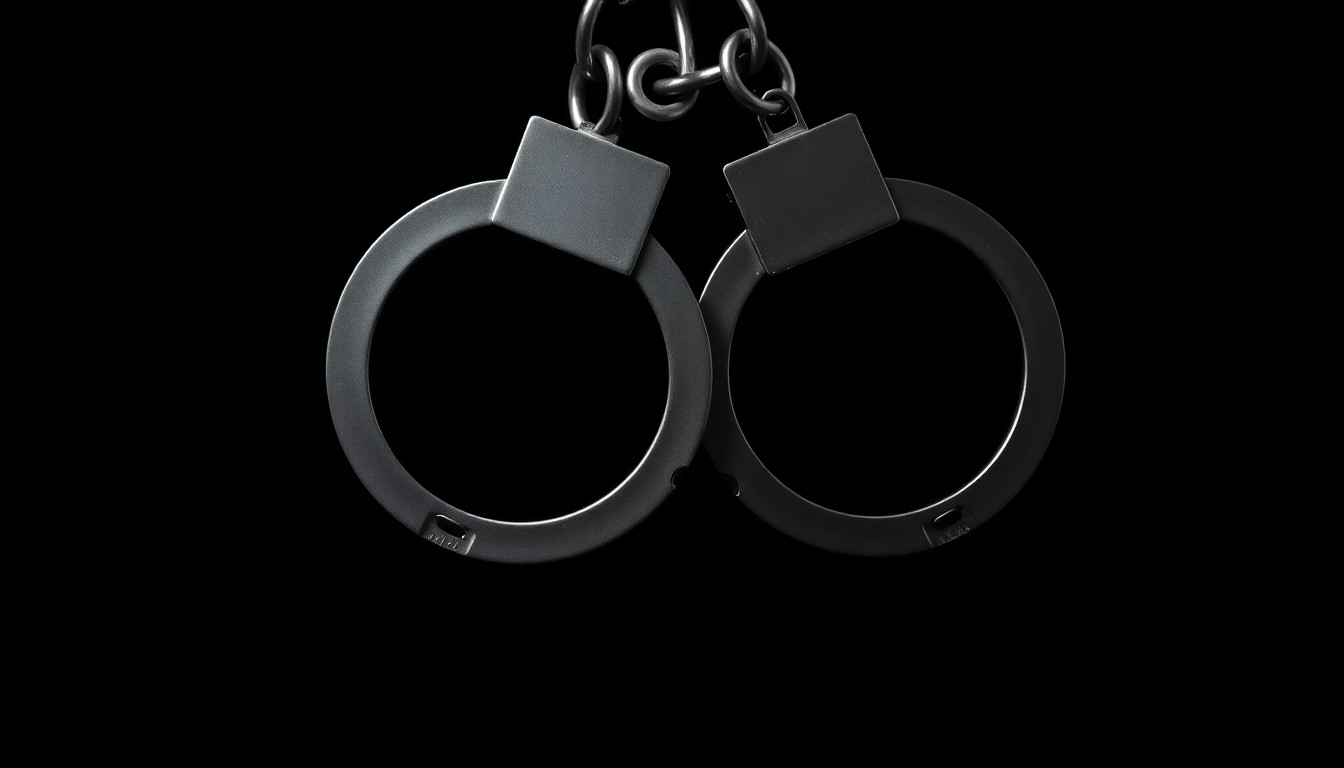 An extreme close-up of a pair of metal handcuffs against a completely black background, the harsh lighting creating dramatic shadows and textures that convey a sense of the harsh realities of the criminal justice system.