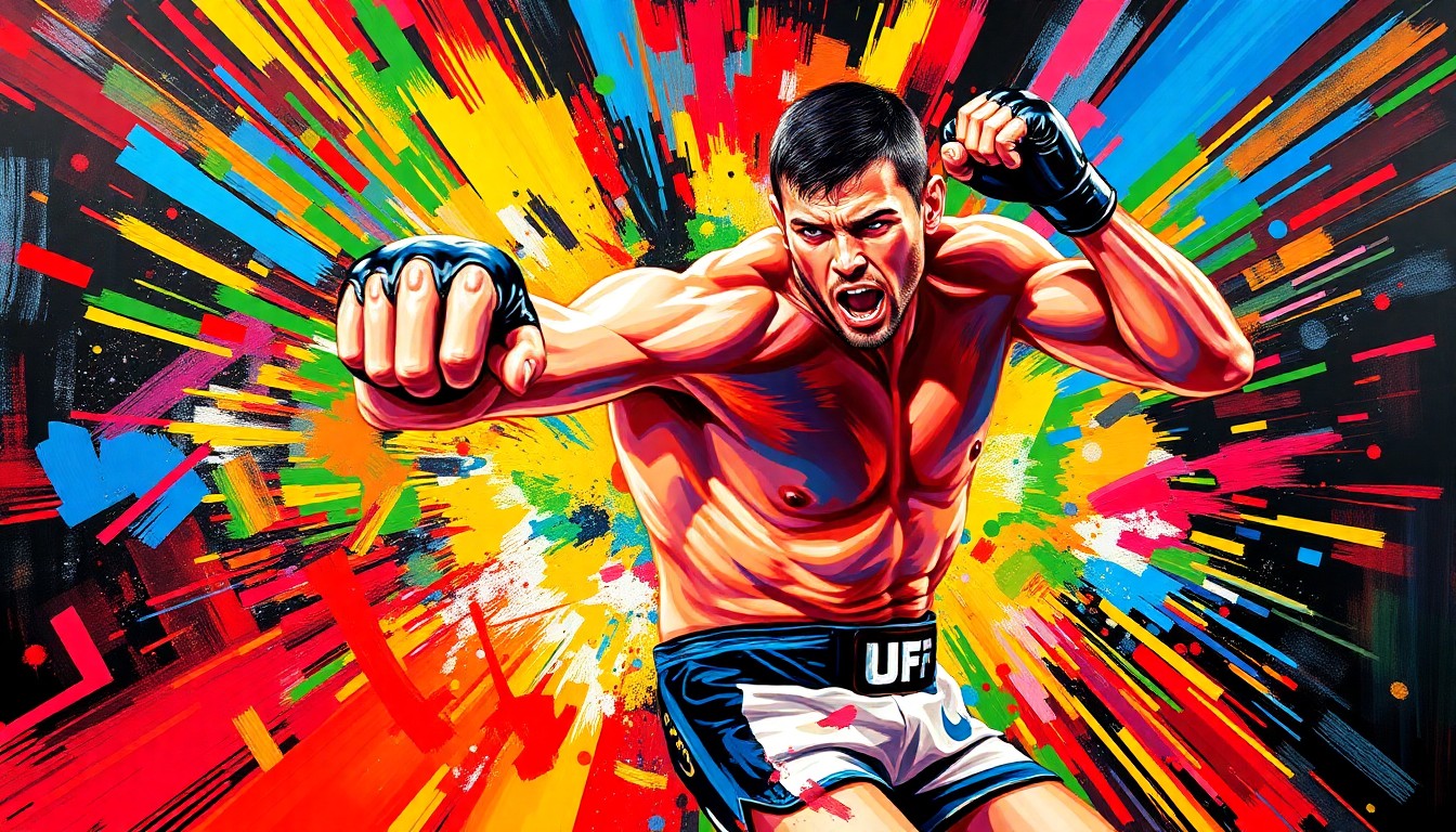 An abstract expressionist painting in neon colors, featuring rapid brushstrokes that convey the dynamic movements and intensity of an MMA fighter in action, conceptually representing Cub Swanson's long and accomplished career in the sport.