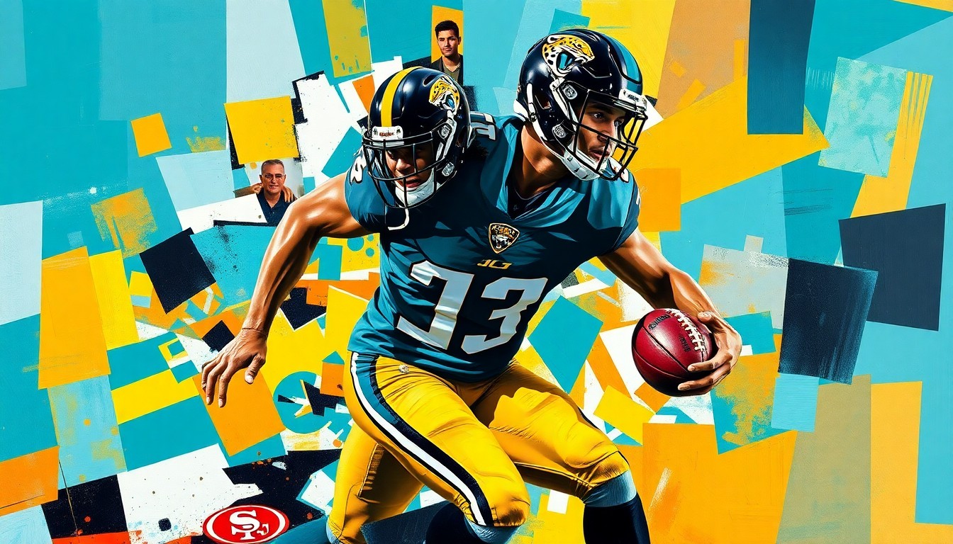 A fractured, multi-perspective painting depicting a football player in action, with sharp, overlapping geometric planes in vibrant teal, gold, and black colors.