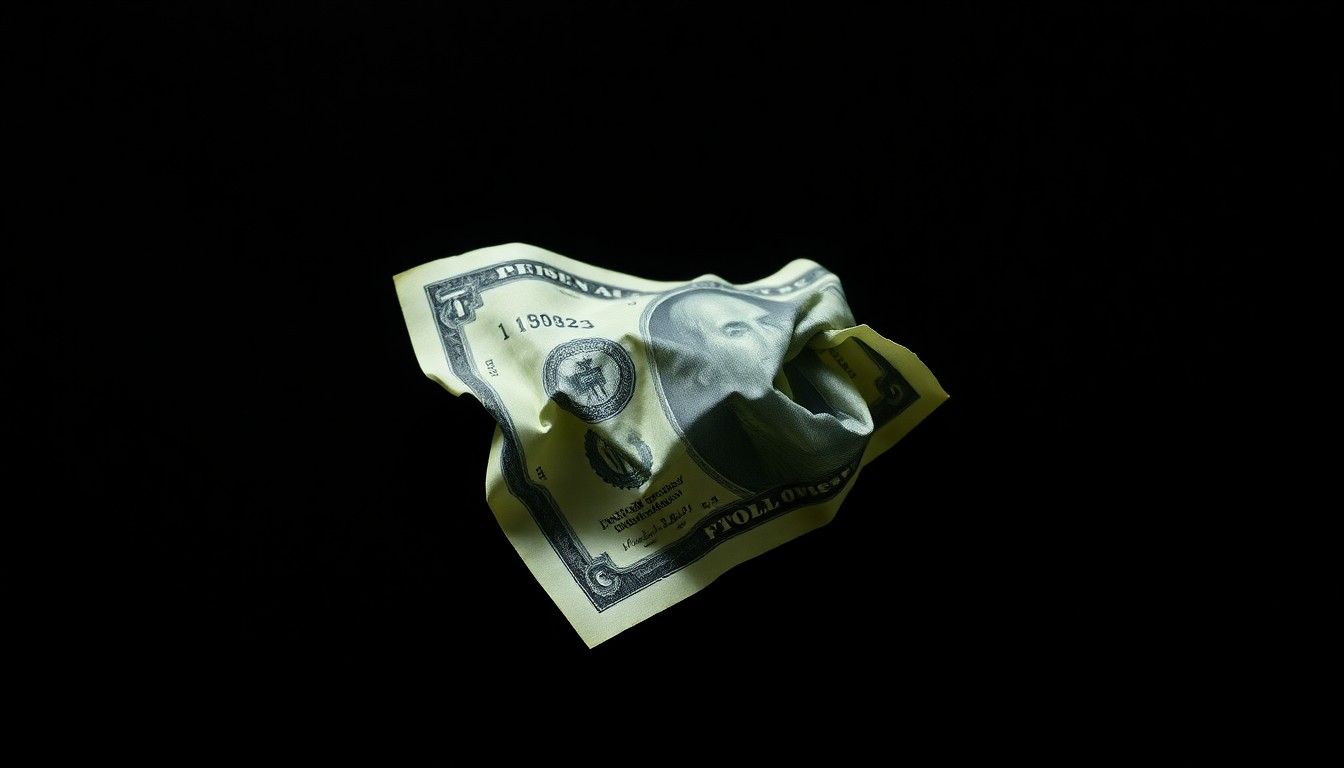 An extreme close-up photograph of a single crumpled dollar bill on a dark background, lit by a harsh, direct camera flash, conceptually representing the financial impact of a robbery.