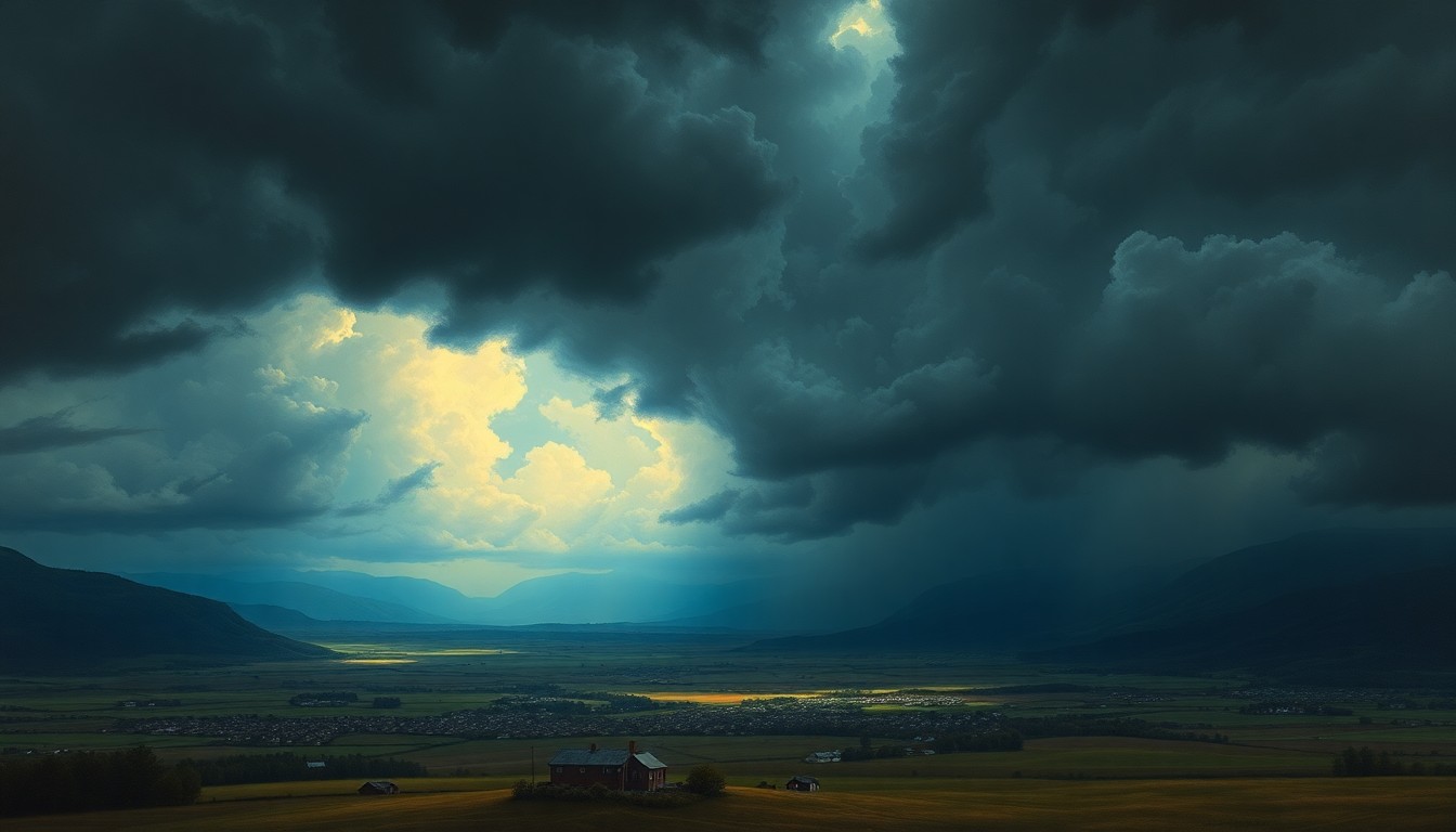 A dramatic, atmospheric landscape painting depicting a small town or rural setting dwarfed by a massive, looming storm system with dark, ominous clouds and dramatic lighting, conveying the overwhelming power of nature.