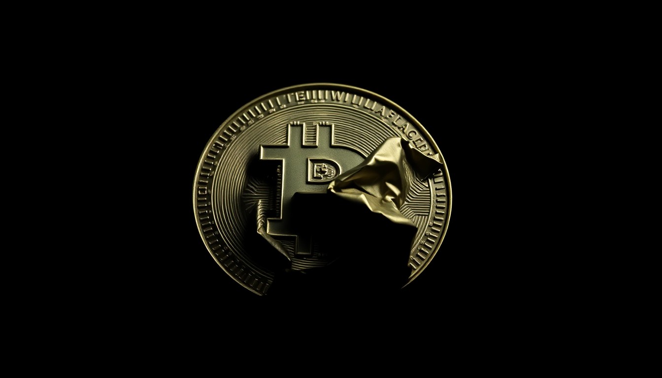 An extreme close-up of a crumpled, twisted cryptocurrency coin reflecting a harsh, direct flash of light, conceptually illustrating the disruption of a global fraud scheme.