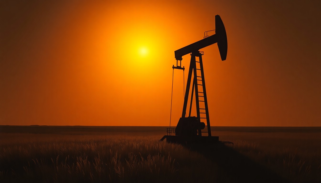 A serene, cinematic painting depicting a lone oil pump jack standing in a field, with warm sunlight and deep shadows creating a nostalgic, contemplative mood that reflects the county's transition away from onshore oil production.
