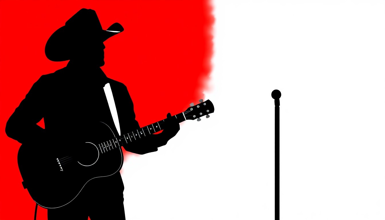 A striking abstract illustration featuring sharp, angular black shapes representing a singer, guitar, and microphone, set against a bold red and white background, conceptually capturing the high-energy performance of a country music concert.