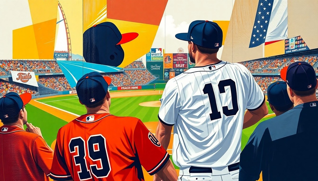 A fragmented, geometric painting depicting a baseball game, with sharp planes of color representing the players and action on the field. The visual style breaks down the scene into an abstract, multi-perspective composition.