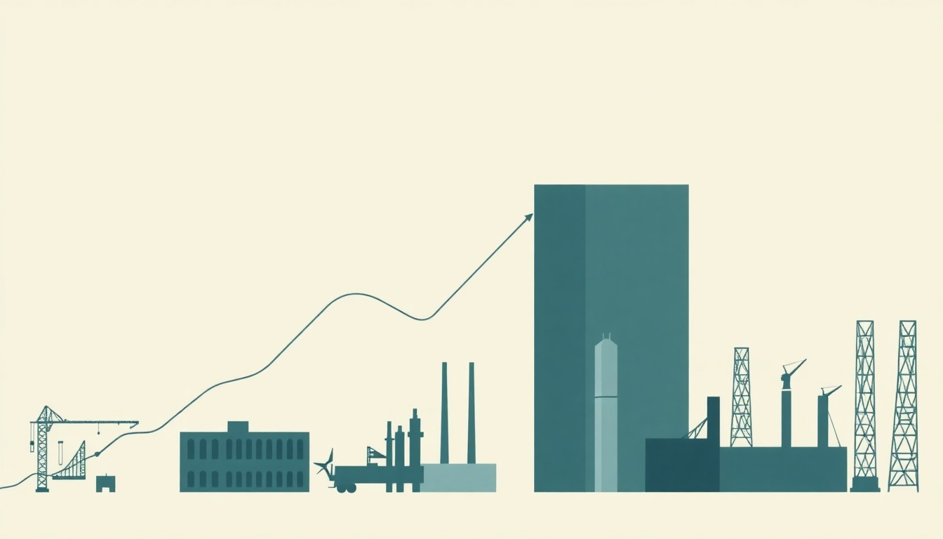 A geometric composition of overlapping triangles and rectangles in shades of grey, blue, and green, conceptually representing economic data and trends without literal depictions.