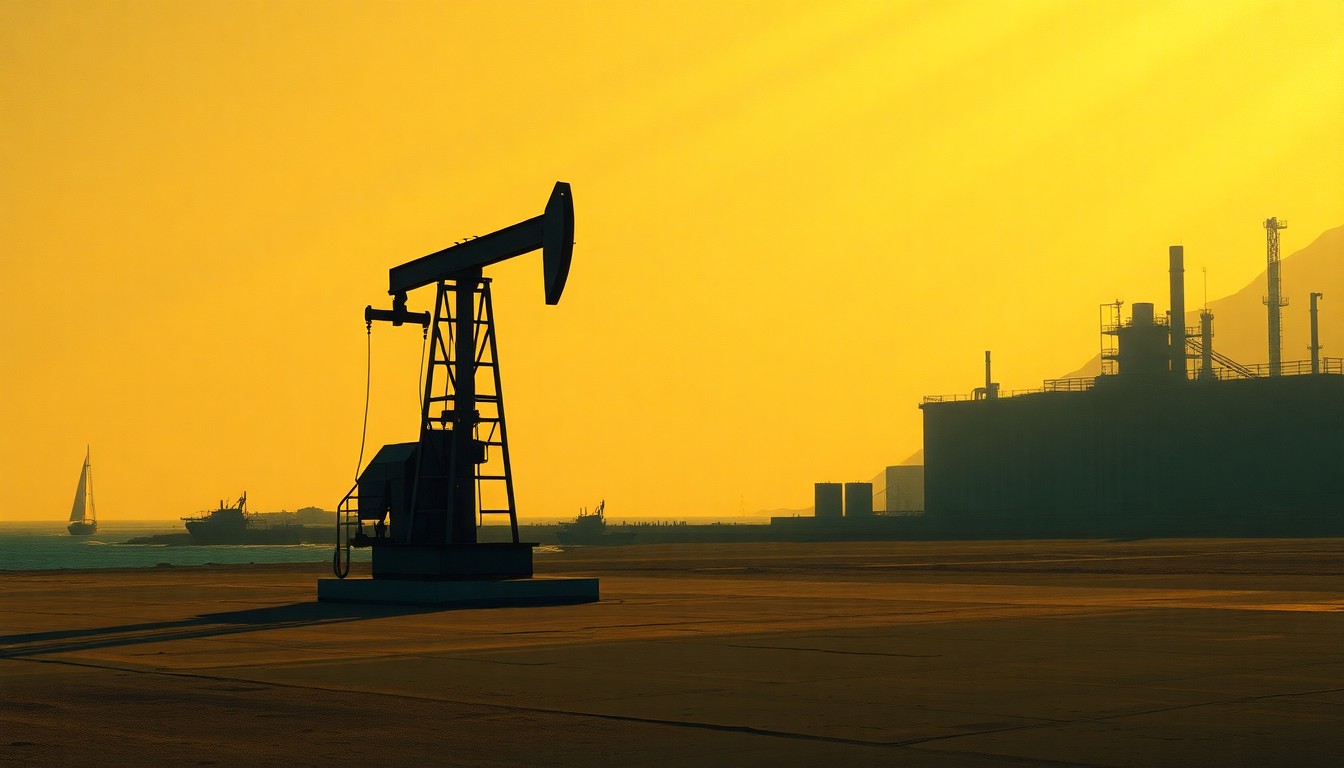 A serene, cinematic painting depicting a solitary oil pump in a coastal industrial setting, the pump bathed in warm, diagonal sunlight and deep shadows, capturing the quiet tension of the political battle over energy regulations.