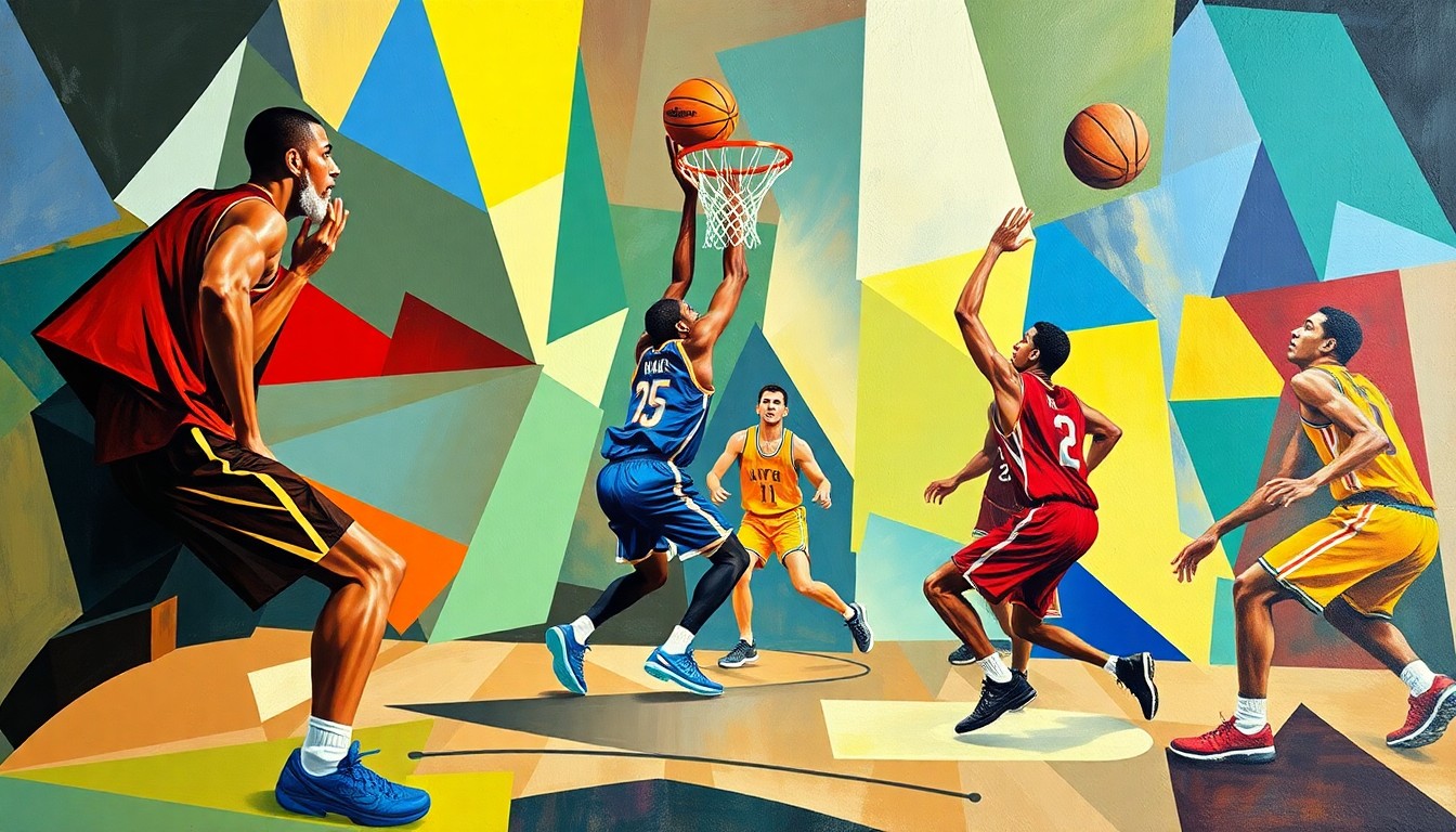 A fragmented, geometric painting in bold colors depicts the dynamic movements and energy of a basketball game, with the players' forms abstracted into sharp, overlapping shapes.