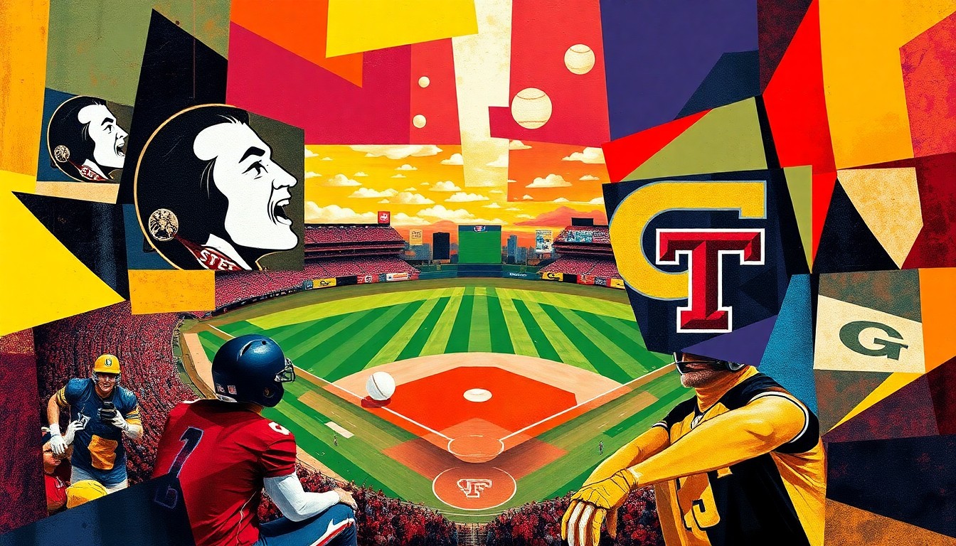 A fragmented, geometric painting in bold, contrasting colors that deconstructs a baseball game between Florida State and Georgia Tech, conveying the intensity and importance of the top-five conference clash.