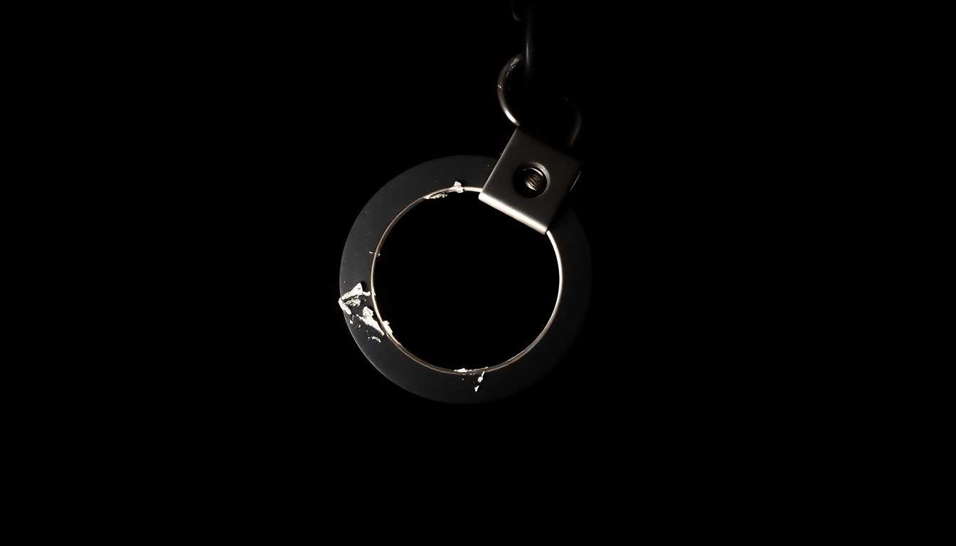 An extreme close-up photograph of a broken metal handcuff or shackle, the harsh lighting and dark background creating a gritty, investigative aesthetic that conceptually represents the violence and danger faced by prison staff.