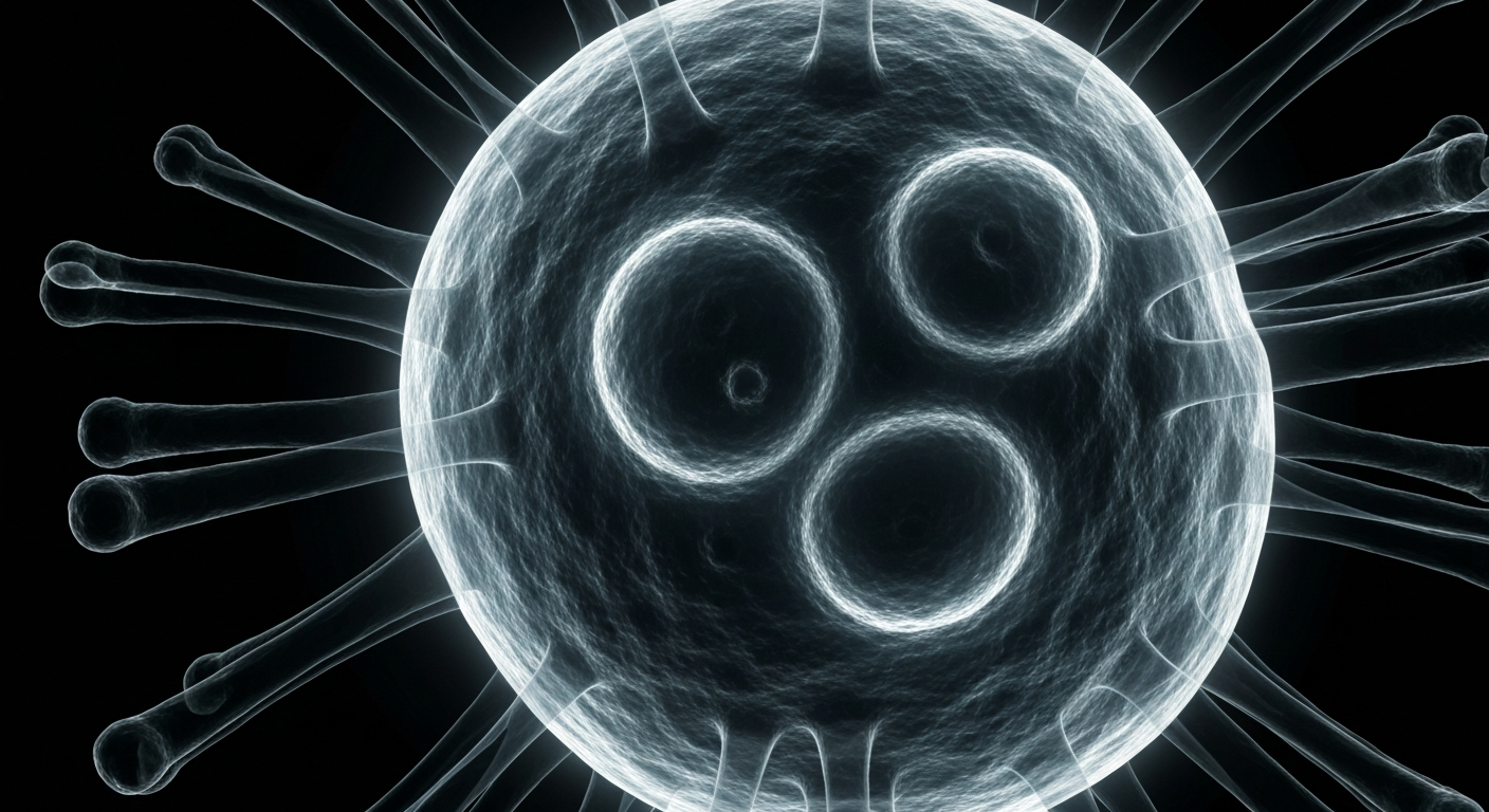 A ghostly, translucent X-ray image showing the intricate internal structure of a measles virus particle, conveying the clinical and scientific nature of this public health issue.