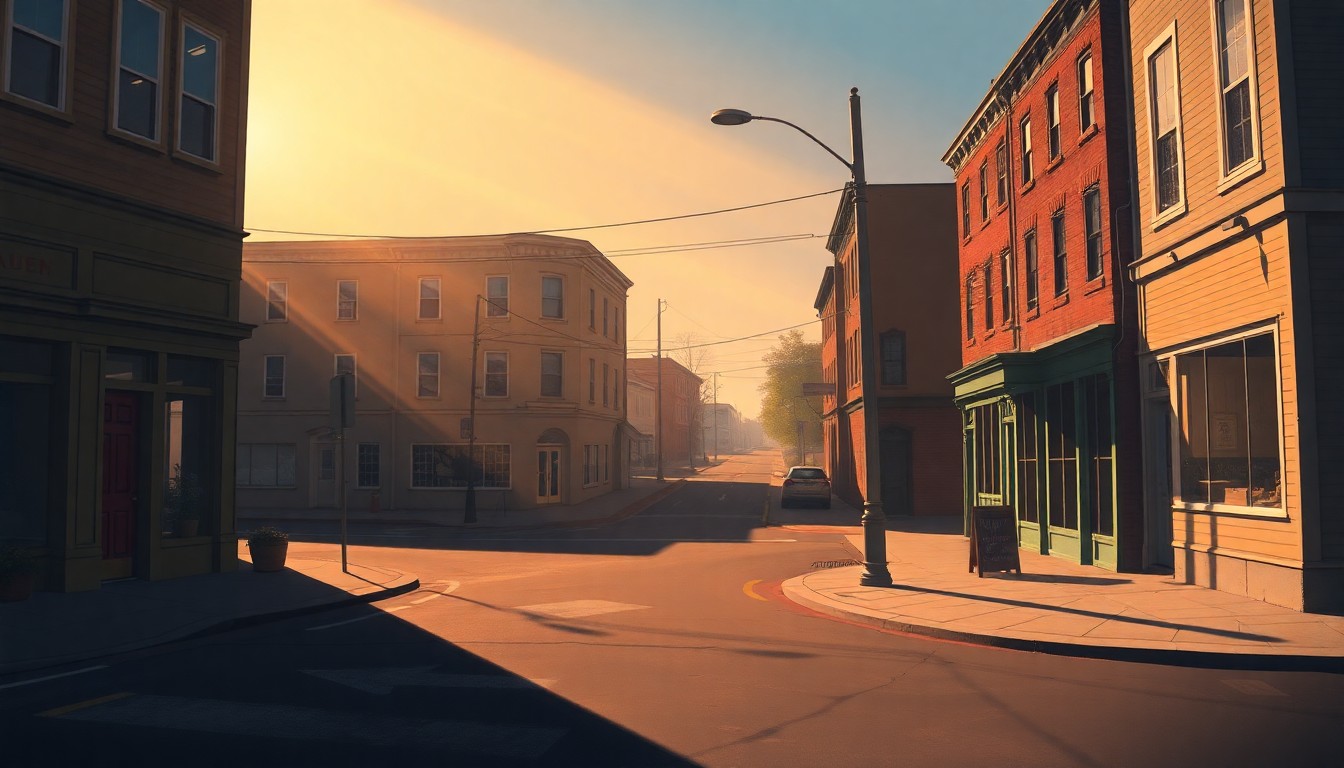A nostalgic, cinematic painting of a quiet New Bedford street corner with historic buildings and streetlights, capturing the community spirit and civic pride of the South Coast region.