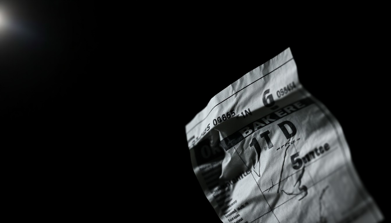 An extreme close-up photograph of a crumpled financial document, the harsh flash creating a stark, gritty aesthetic that conceptually represents the investigation into a public corruption case.