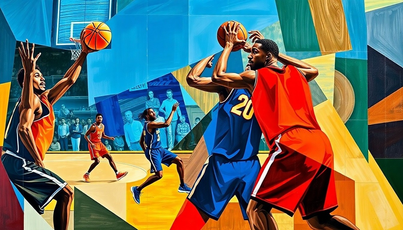 A fractured, geometric painting in vibrant blues, reds, and greens, breaking down a basketball game into sharp, overlapping shapes and planes, creating a sense of dynamic motion and energy.