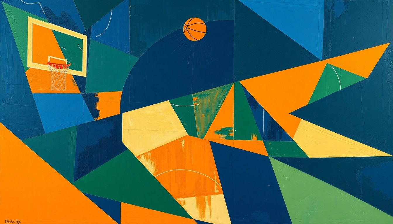 A fragmented, geometric painting depicting a basketball game or match, with sharp planes of navy blue, forest green, and burnt orange overlapping to create a sense of motion and chaos, reflecting the internal challenges of intentionally losing games.