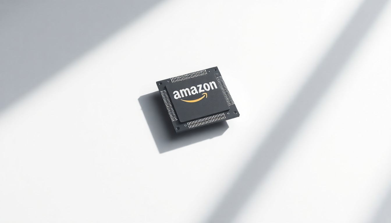 A close-up, high-contrast photograph of a metallic computer chip floating on a plain white background, symbolizing Amazon's technological advancements in the AI chip market.