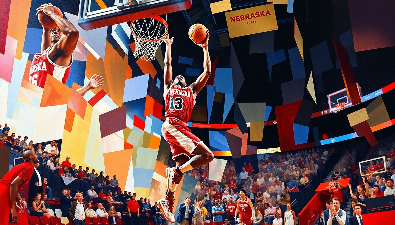 A fragmented, geometric painting depicting a basketball player in mid-shot, the ball and player's form broken down into sharp, overlapping planes of red and white, conveying the intensity and excitement of a game-winning moment.