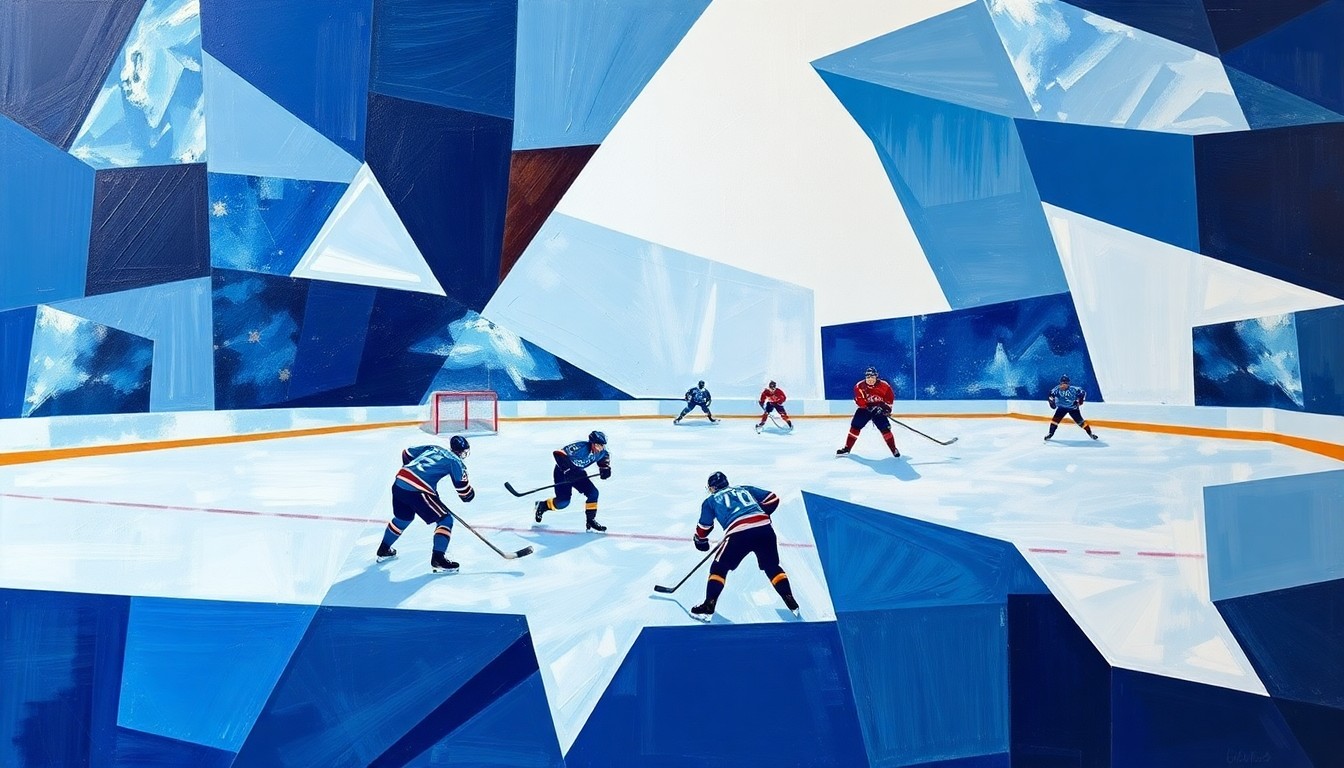 A fractured, geometric painting depicting a hockey game, with the players and ice broken down into sharp, overlapping planes of blue, white, and silver, capturing the intensity and uncertainty of the Golden Knights' playoff positioning.