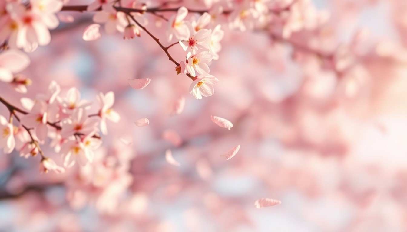 An abstract, impressionistic photograph showing soft, blurred pink and white cherry blossom petals drifting through the air, creating a dreamlike, ethereal scene.