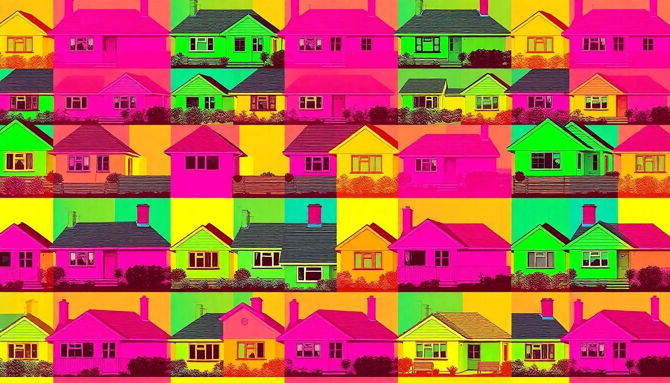 A brightly colored, high-contrast silkscreen print of a single, iconic cottage home repeated in a tight grid pattern, utilizing flat, vibrant, and unnatural neon color palettes overlapping with heavy black photographic outlines to turn an everyday residential structure into modern pop art.