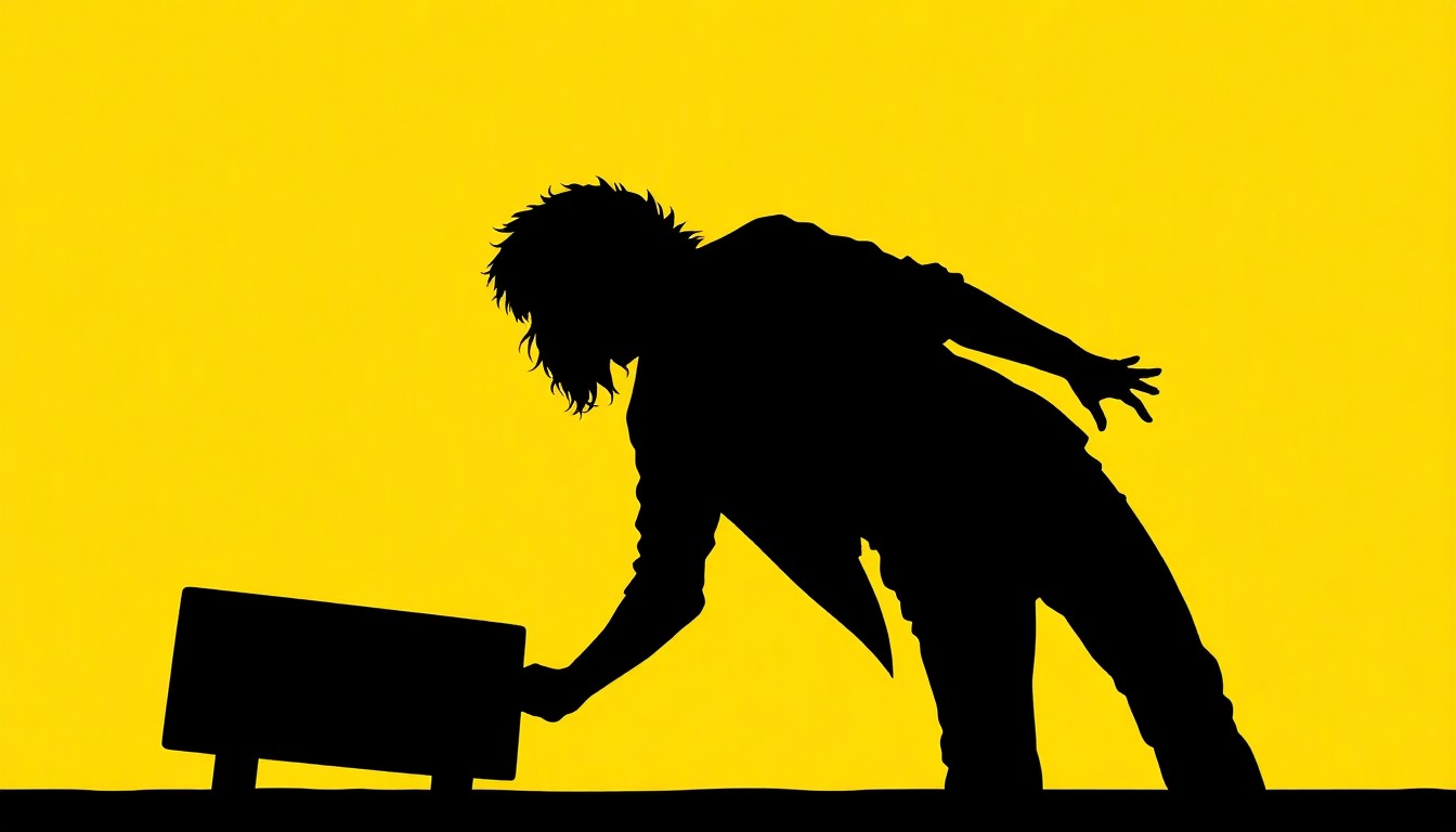 A striking, minimalist silhouette of a person in motion, rendered in bold, high-contrast colors, conceptually capturing the themes of reinvention and self-discovery at the core of the new play.