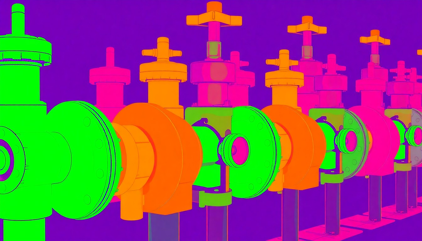 A brightly colored, high-contrast silkscreen print of an oil and gas pipeline valve repeated in a tight grid pattern, utilizing flat, vibrant neon colors and heavy black outlines to transform an everyday industrial object into modern pop art.