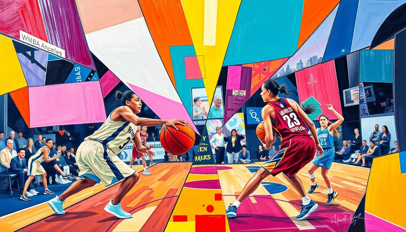 A cubist, geometric painting depicting a WNBA basketball game, with the players and court broken down into sharp, overlapping planes of color representing the uniforms of the Chicago Sky and Los Angeles Sparks.