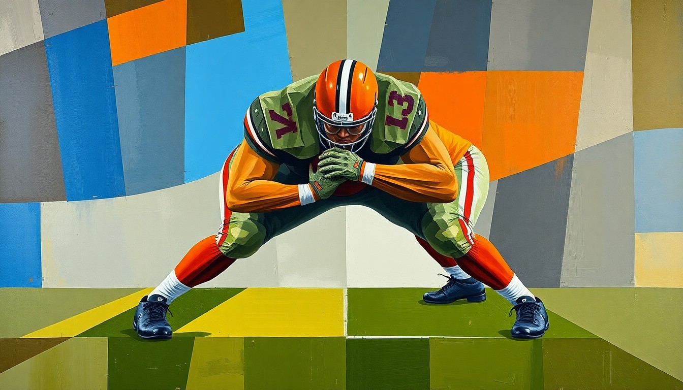 A cubist-style painting depicting an offensive lineman's blocking technique broken down into sharp, geometric shapes and planes in vibrant colors, conceptually representing the Giants' strategy to strengthen their offensive line.