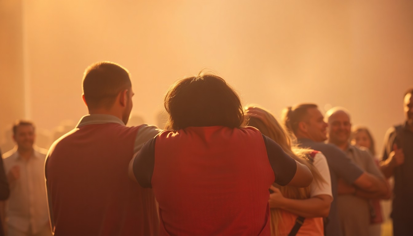 An abstract, out-of-focus photograph in soft, warm tones depicting a group of people embracing, conceptually representing the themes of community, family, and unconditional love.