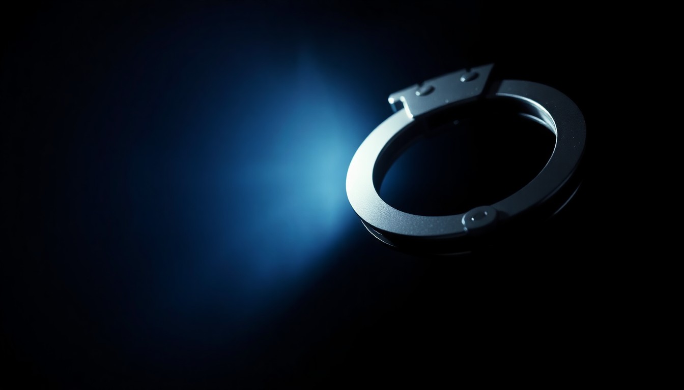 An extreme close-up of a single metal handcuff, the surface reflecting a faint glimmer of light against a pitch-black background, conveying a stark, gritty, investigative mood around the incident.