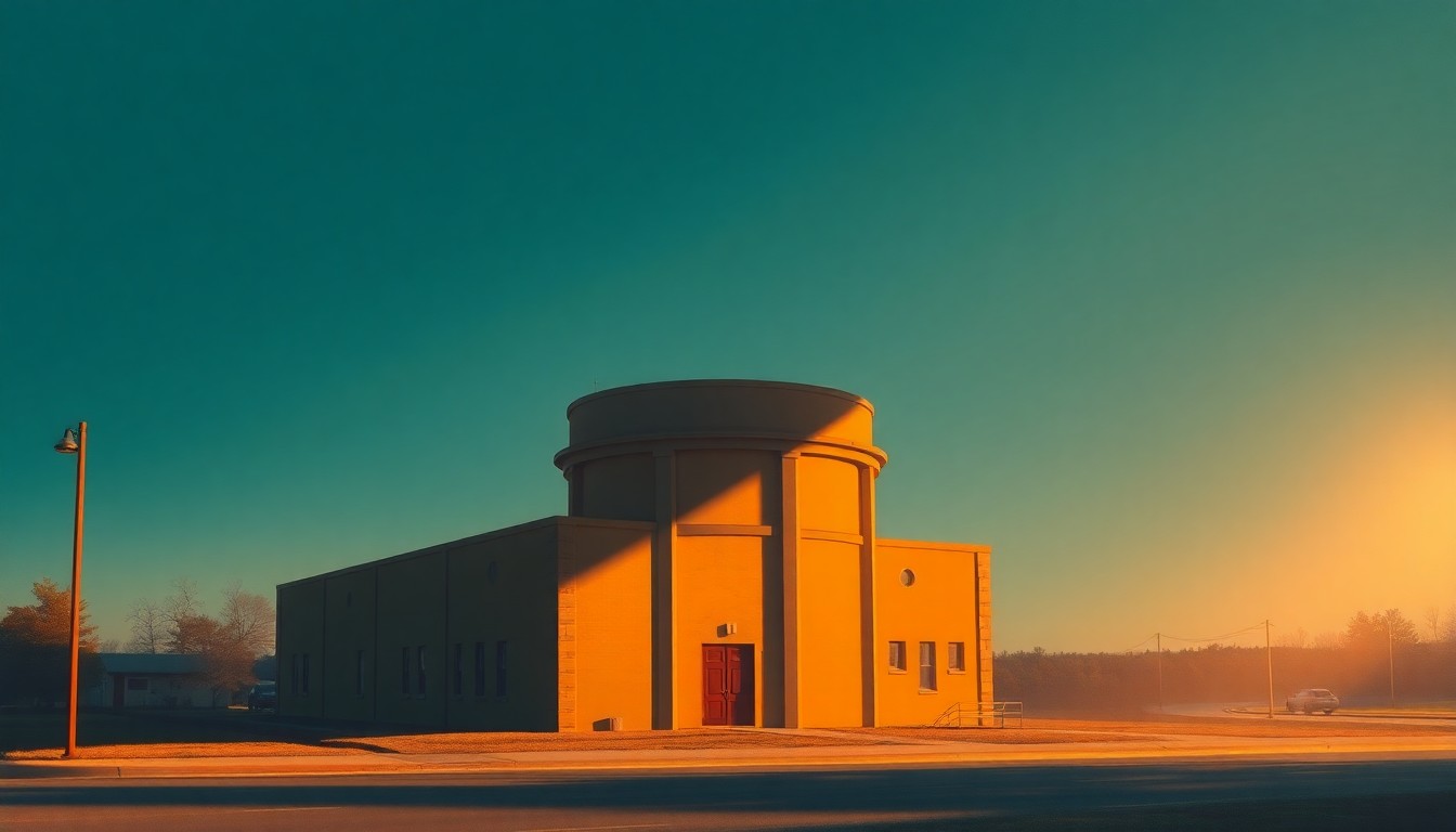 A serene, painterly depiction of a municipal building or water tower in Waukesha, Wisconsin, bathed in warm, golden light and deep shadows, conveying a sense of civic pride and community investment.