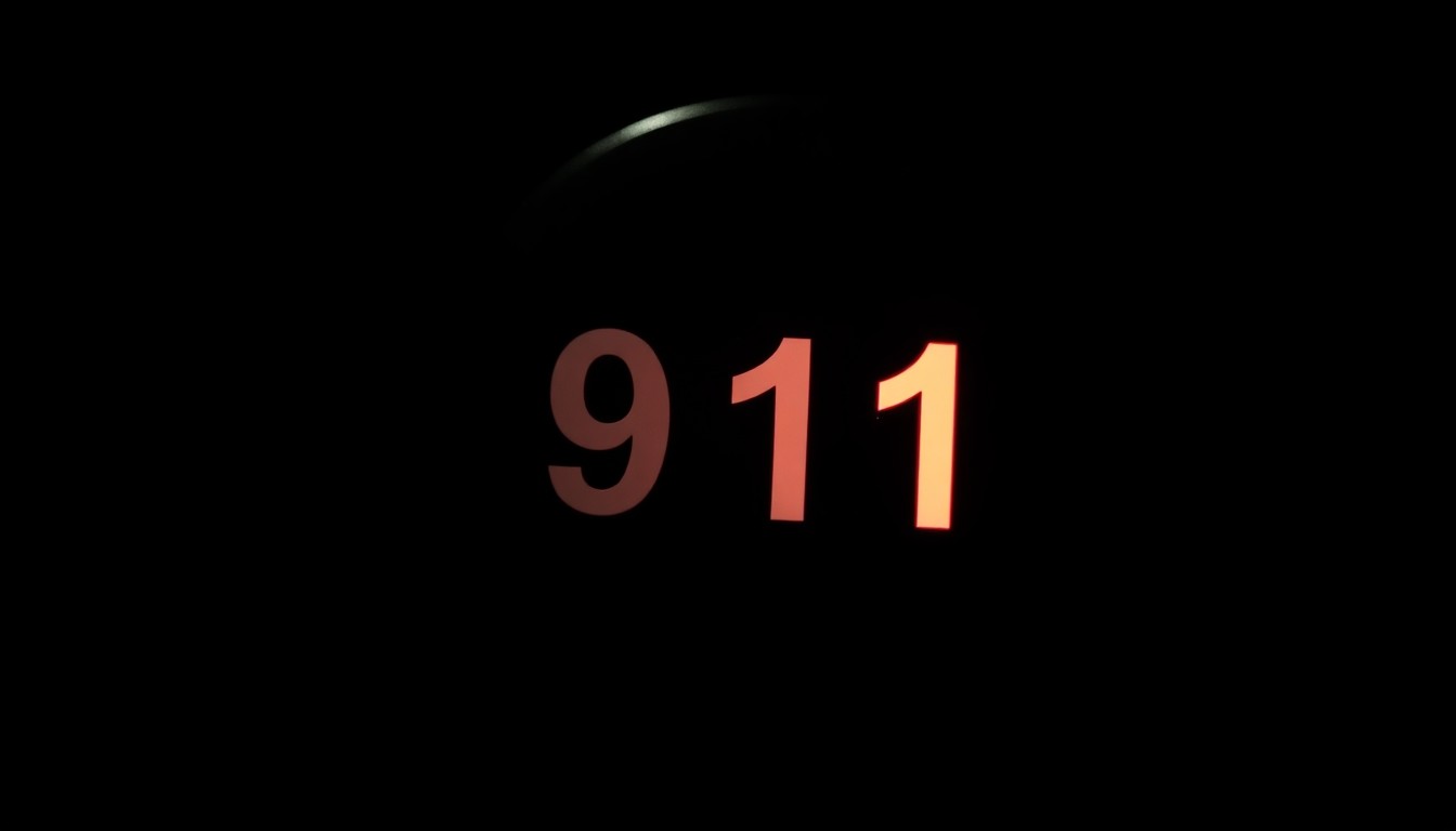 An extreme close-up photograph of a 911 emergency call button, the harsh lighting and stark black background creating a gritty, investigative mood that reflects the critical role of dispatchers in public safety.