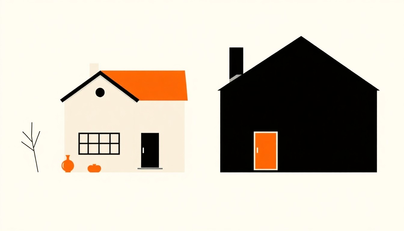 A minimalist abstract composition using bold geometric shapes and primary colors to represent the contrasting price movements in different regional housing markets, without any text or identifiable elements.