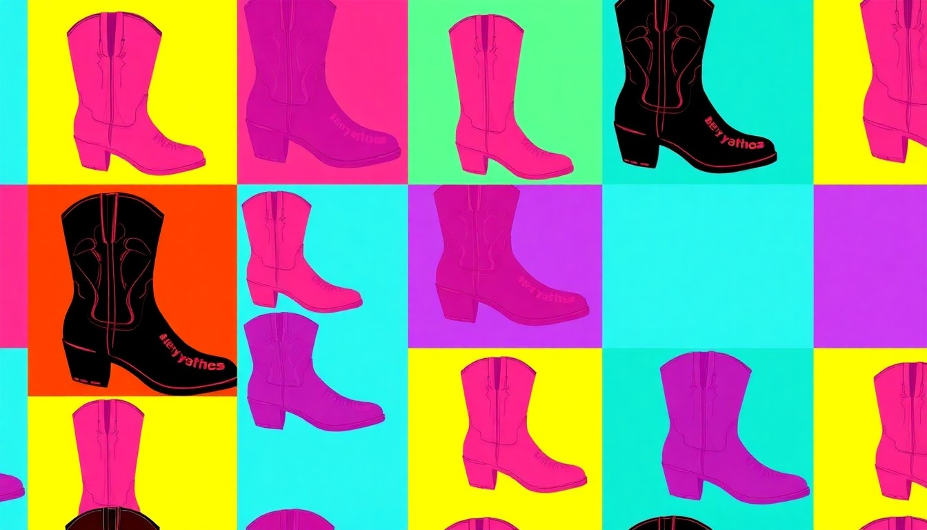 A vibrant, high-contrast silkscreen print featuring a repeated pattern of a single, iconic fashion accessory or legal object in a bold, neon color palette, conceptually representing the diverse backgrounds and shared passion for community impact of the gala's co-chairs.