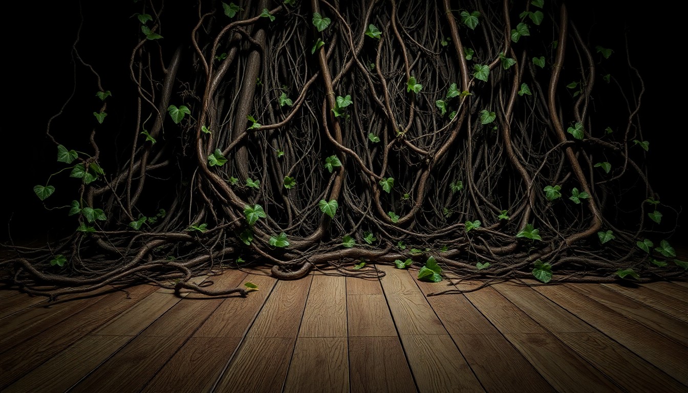An abstract close-up photograph of tangled, overgrown vines and roots crawling across a wooden floor, using dramatic lighting to create a sense of unease and psychological turmoil.