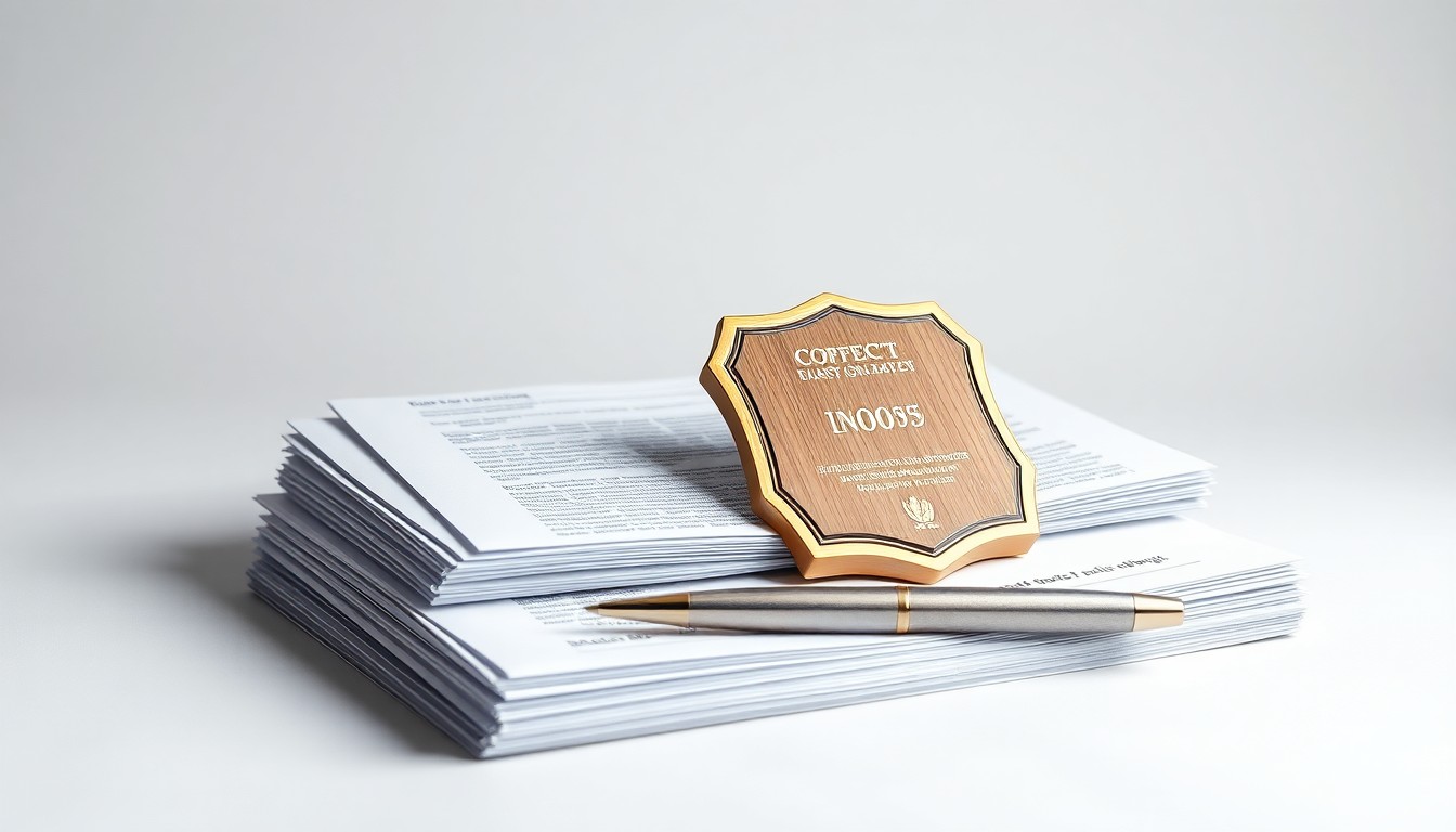A high-end, photorealistic studio still-life photograph featuring a stack of official-looking financial documents, a brass desk plaque, and a polished metal pen, all arranged elegantly on a clean, monochromatic seamless background, conceptually representing the city's excellence in municipal finance.