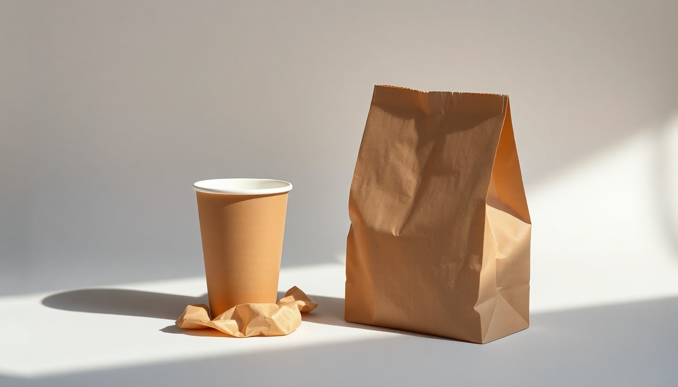 A minimalist, high-end studio still life photograph featuring a single, empty paper coffee cup and a crumpled paper bag on a clean, monochromatic background, conceptually representing the closure of a local business.